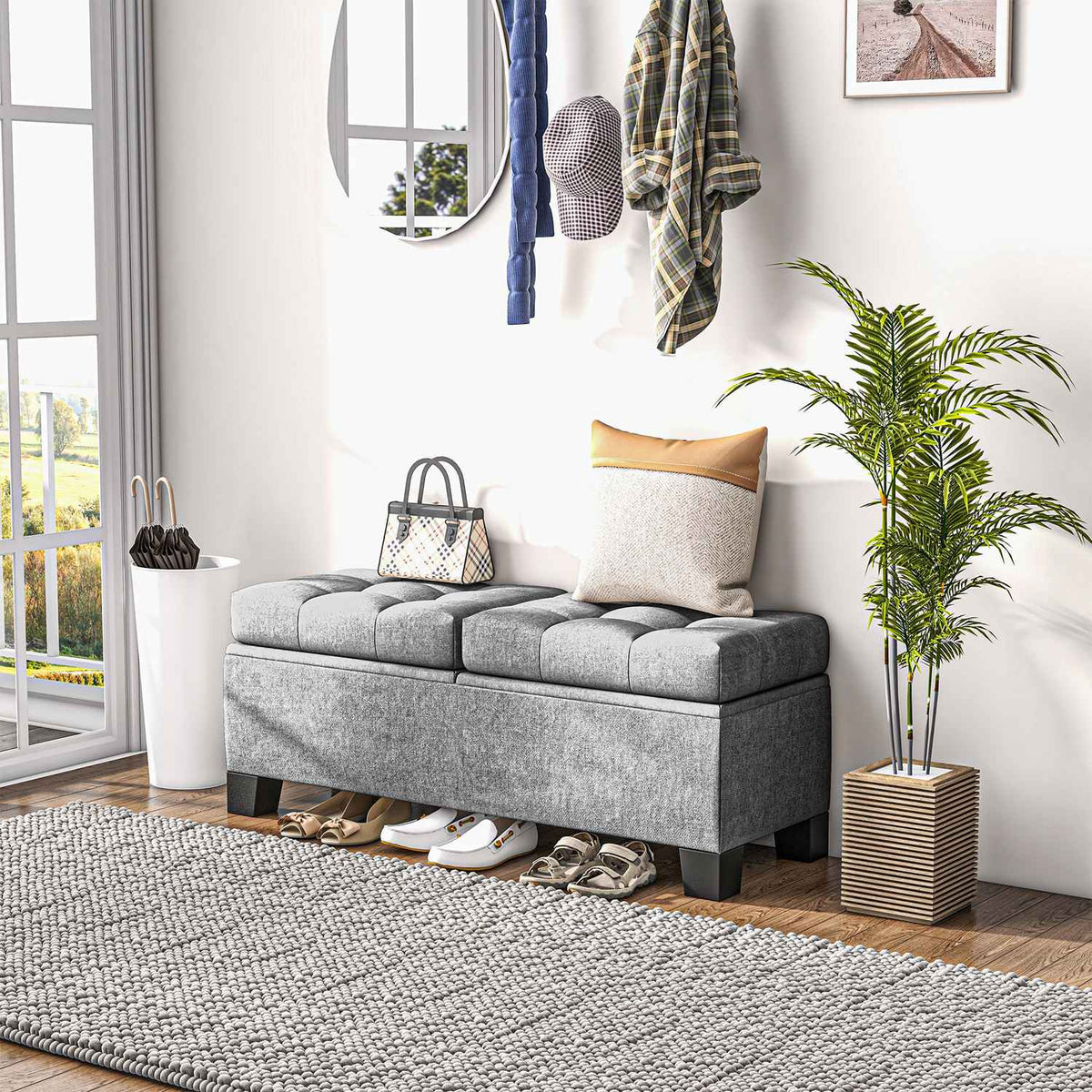 Storage Bench with Linen Upholstery, 116 cm, Grey