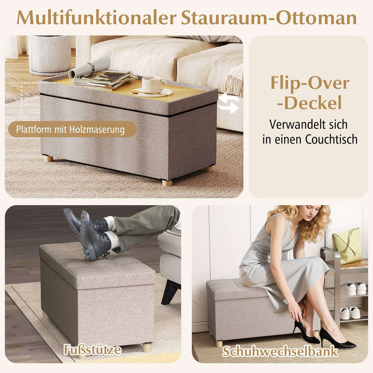 Storage Bench with Tray, Linen, 76 cm, 78L Capacity, Grey