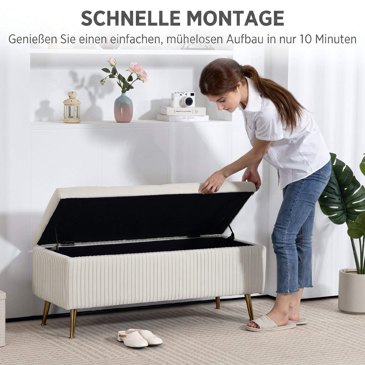 Storage Bench with Velvet Look, Gold Legs, 79L Capacity