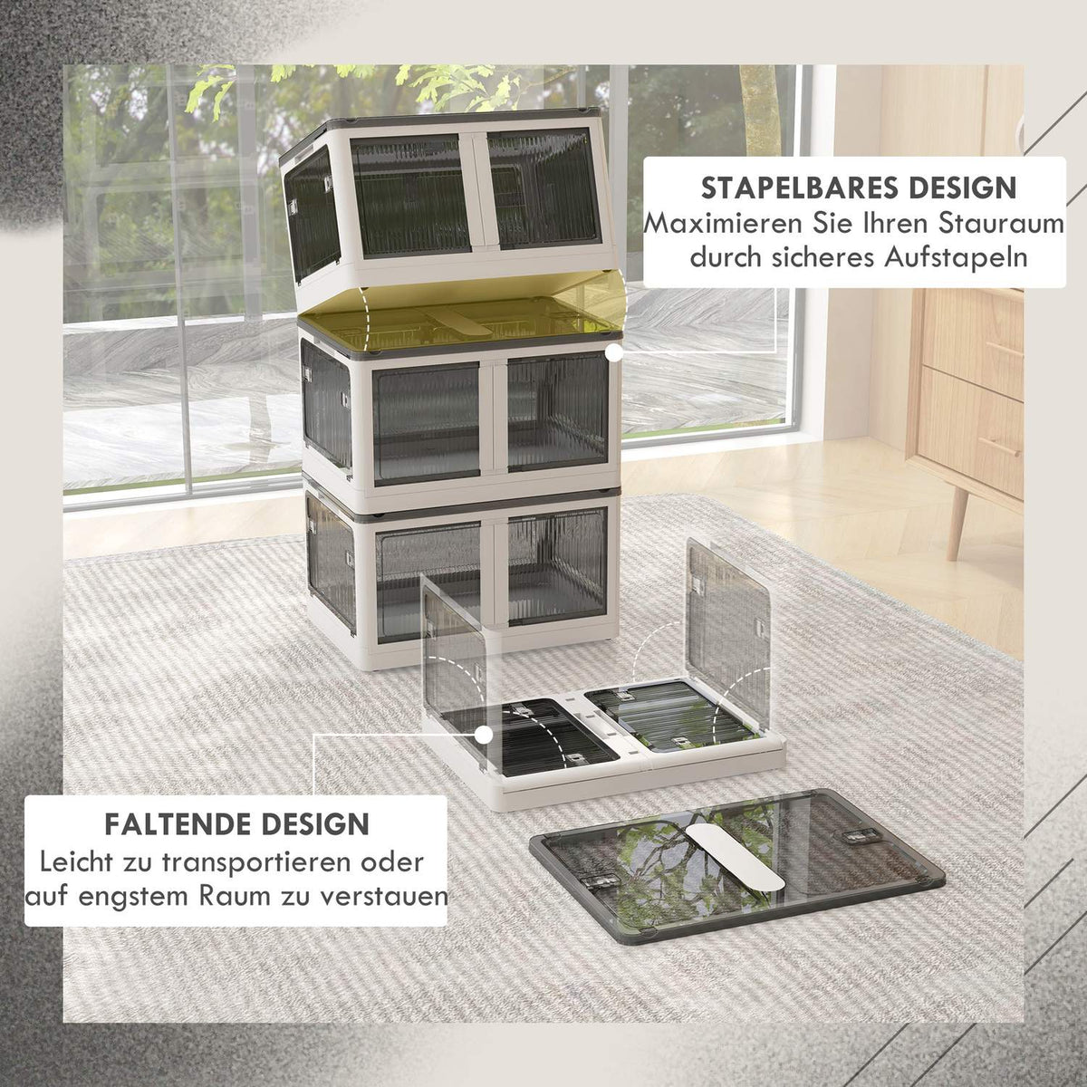 Storage Box 69L Stackable Chest With Wheels, Foldable, 5-Sided Access, White