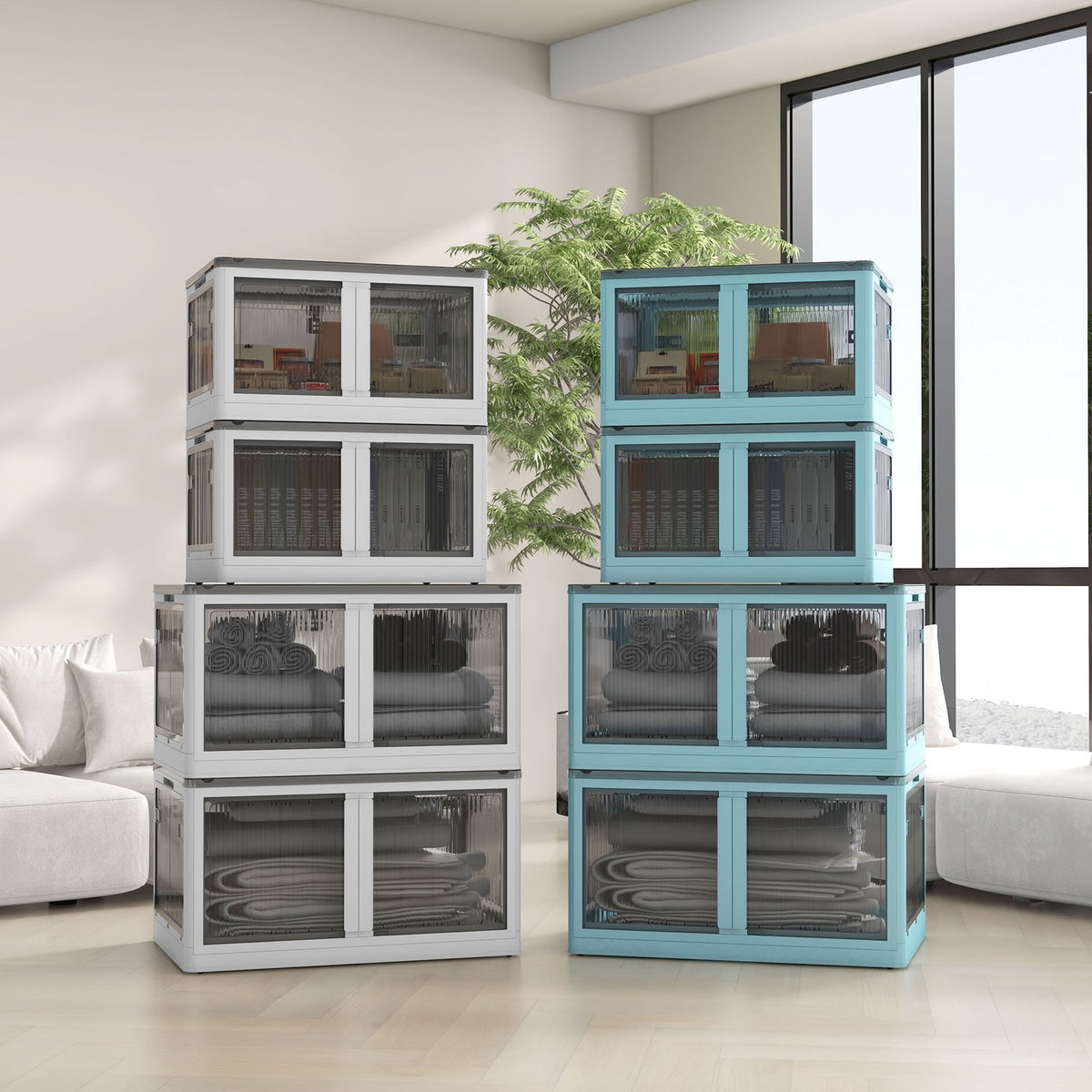 Storage Box 69L Stackable Chest With Wheels, Foldable, 5-Sided Access, White