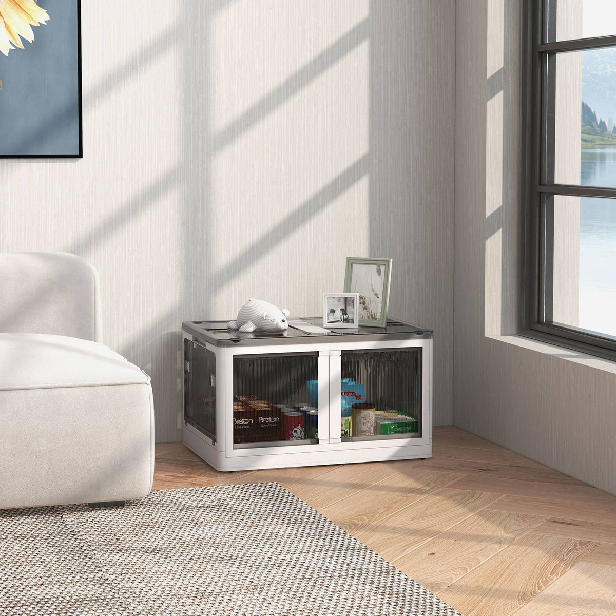 Storage Box Chest 69L Stackable Storage Box With Wheels, Foldable Storage Box, 5-Sided Access, White