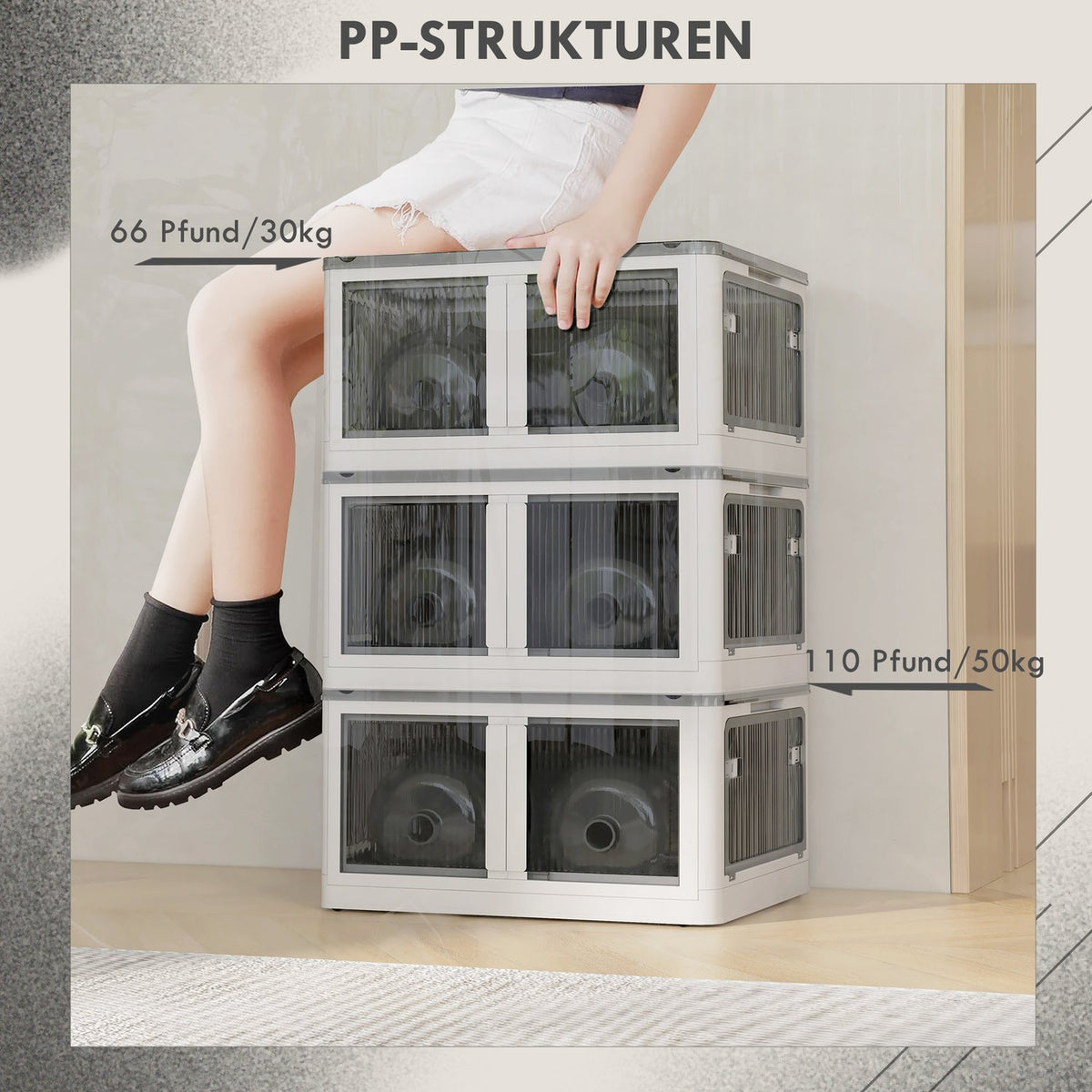 Storage Box Chest 69L Stackable Storage Box With Wheels, Foldable Storage Box, 5-Sided Access, White