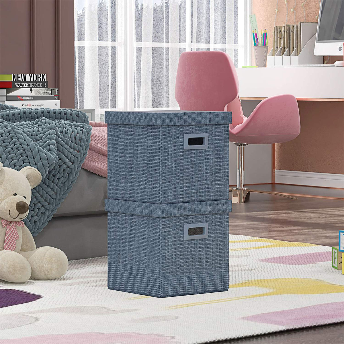 Storage Box Set of 2 Stackable Storage Cubes, Foldable Storage Box for Living Room, Bedroom, 30 x 30 x 29 cm, Blue