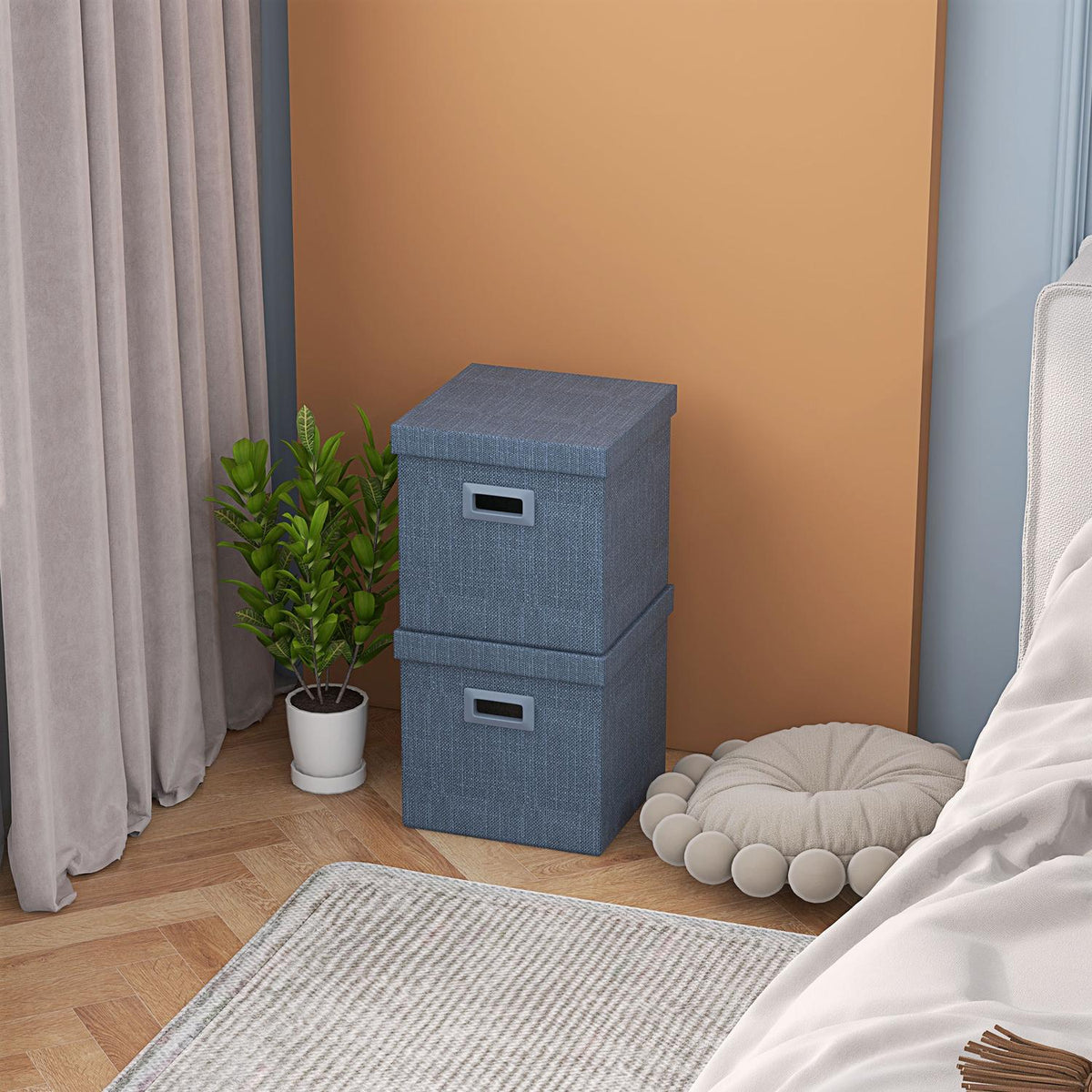 Storage Box Set of 2 Stackable Storage Cubes, Foldable Storage Box for Living Room, Bedroom, 30 x 30 x 29 cm, Blue