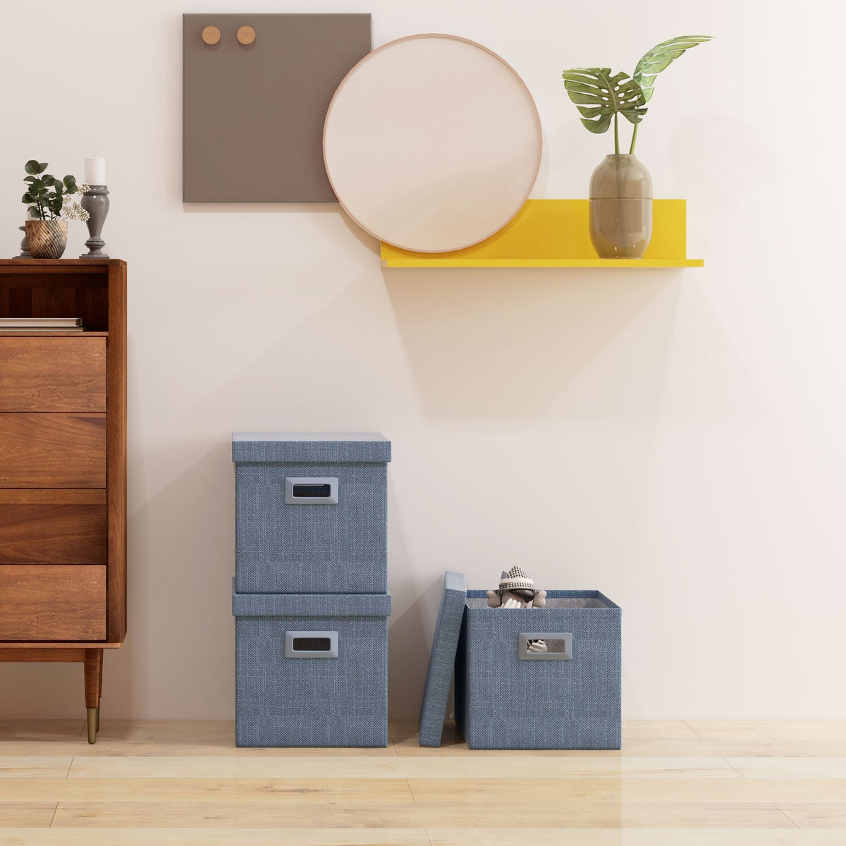 Storage Box Set of 3 Stackable Storage Cubes, Foldable Storage Box for Living Room, Bedroom, 30 x 30 x 29 cm, Blue