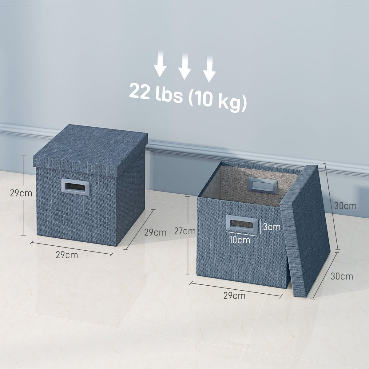 Storage Box Set of 3 Stackable Storage Cubes, Foldable Storage Box for Living Room, Bedroom, 30 x 30 x 29 cm, Blue