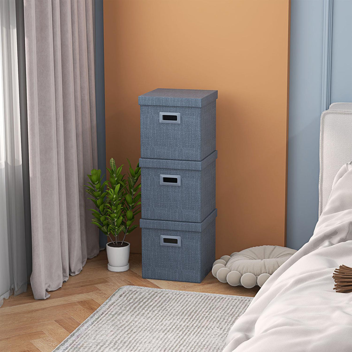 Storage Box Set of 3 Stackable Storage Cubes, Foldable Storage Box for Living Room, Bedroom, 30 x 30 x 29 cm, Blue