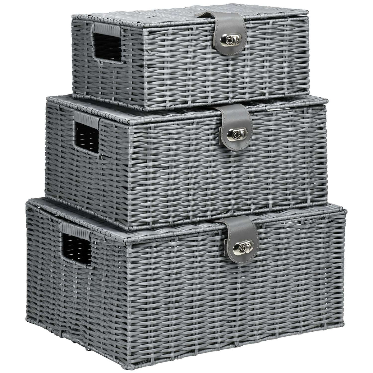 Storage Boxes Set Of 3 With Lids & Buckles, 18L/12L/7L, For Living Room, Gray