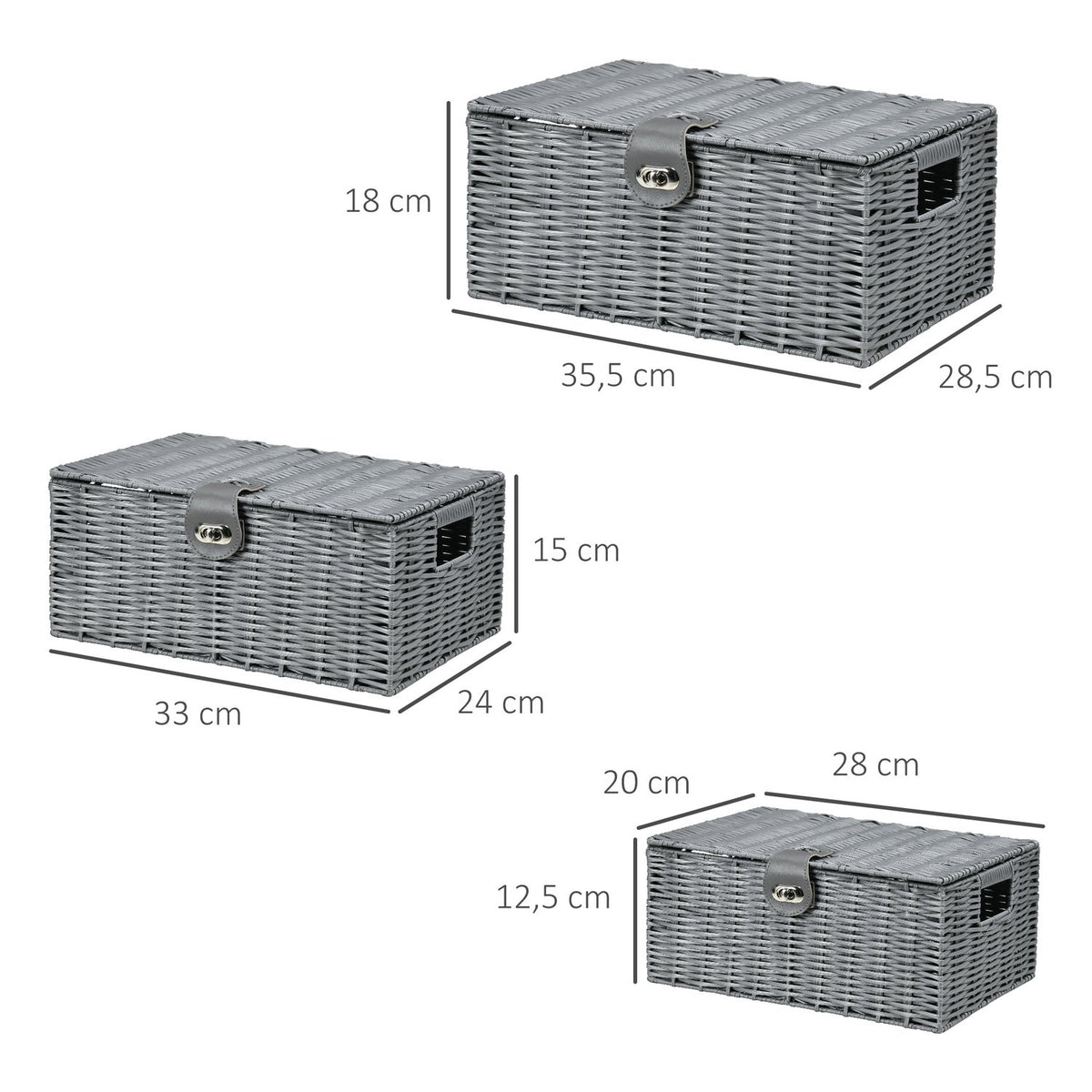 Storage Boxes Set Of 3 With Lids & Buckles, 18L/12L/7L, For Living Room, Gray