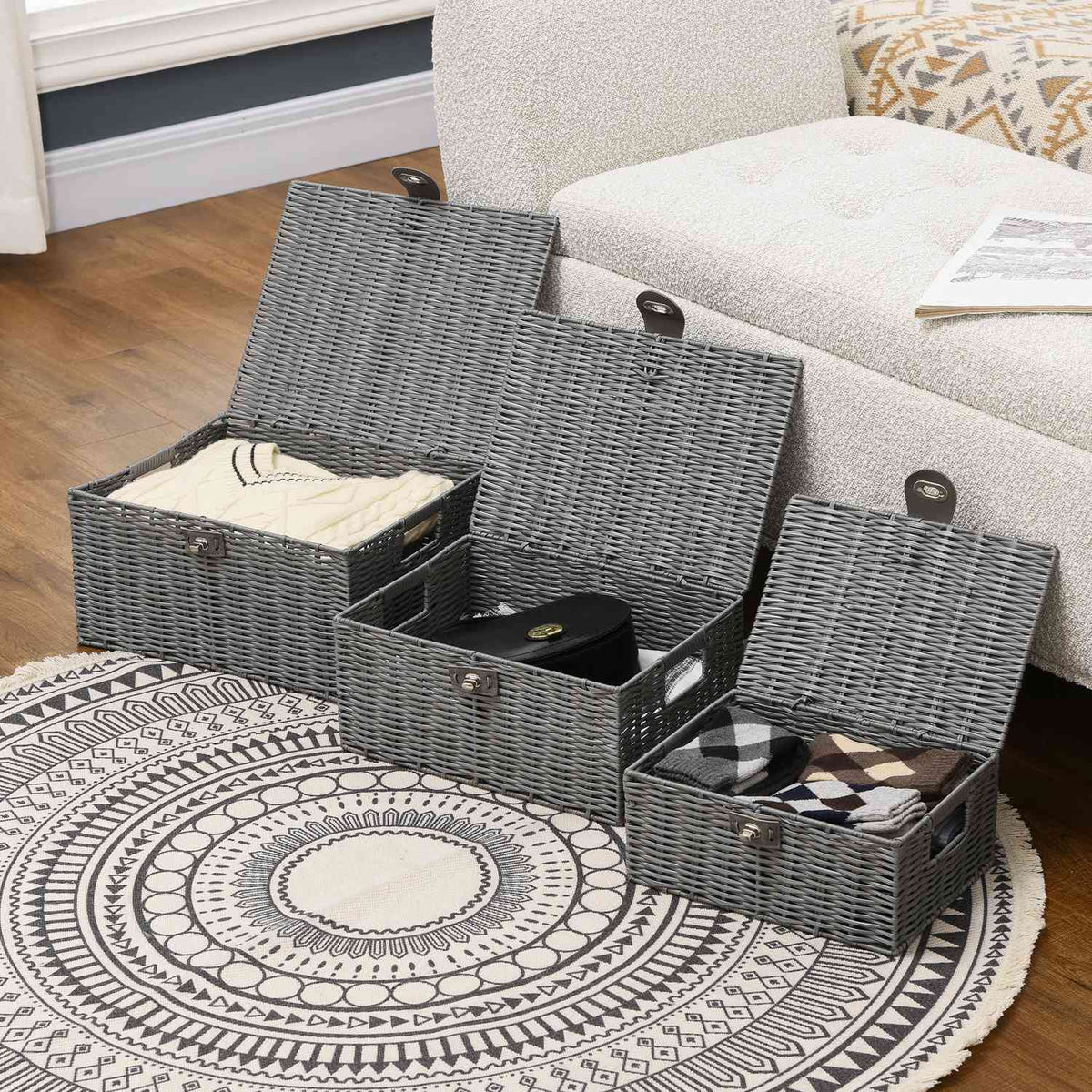 Storage Boxes Set Of 3 With Lids & Buckles, 18L/12L/7L, For Living Room, Gray