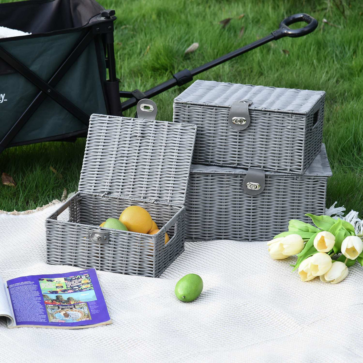 Storage Boxes Set Of 3 With Lids & Buckles, 18L/12L/7L, For Living Room, Gray