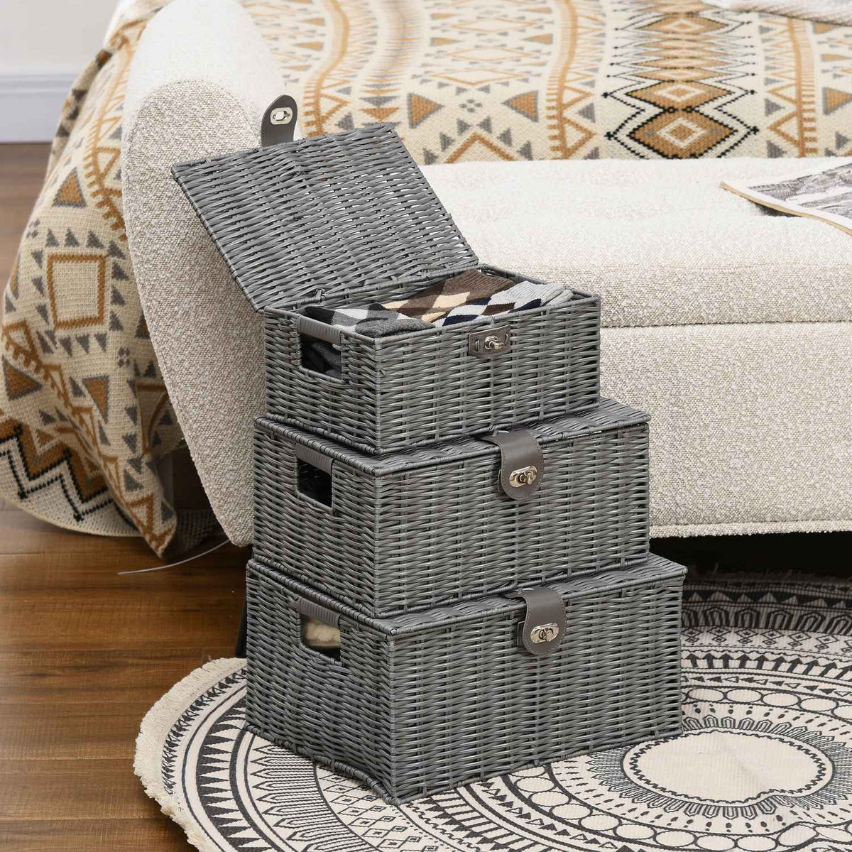 Storage Boxes Set Of 3 With Lids & Buckles, 18L/12L/7L, For Living Room, Gray