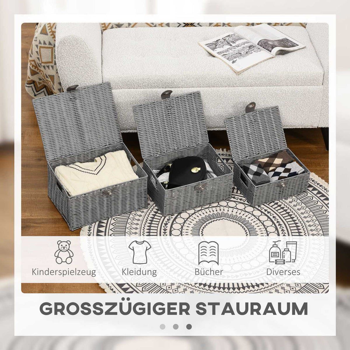 Storage Boxes Set Of 3 With Lids & Buckles, 18L/12L/7L, For Living Room, Gray