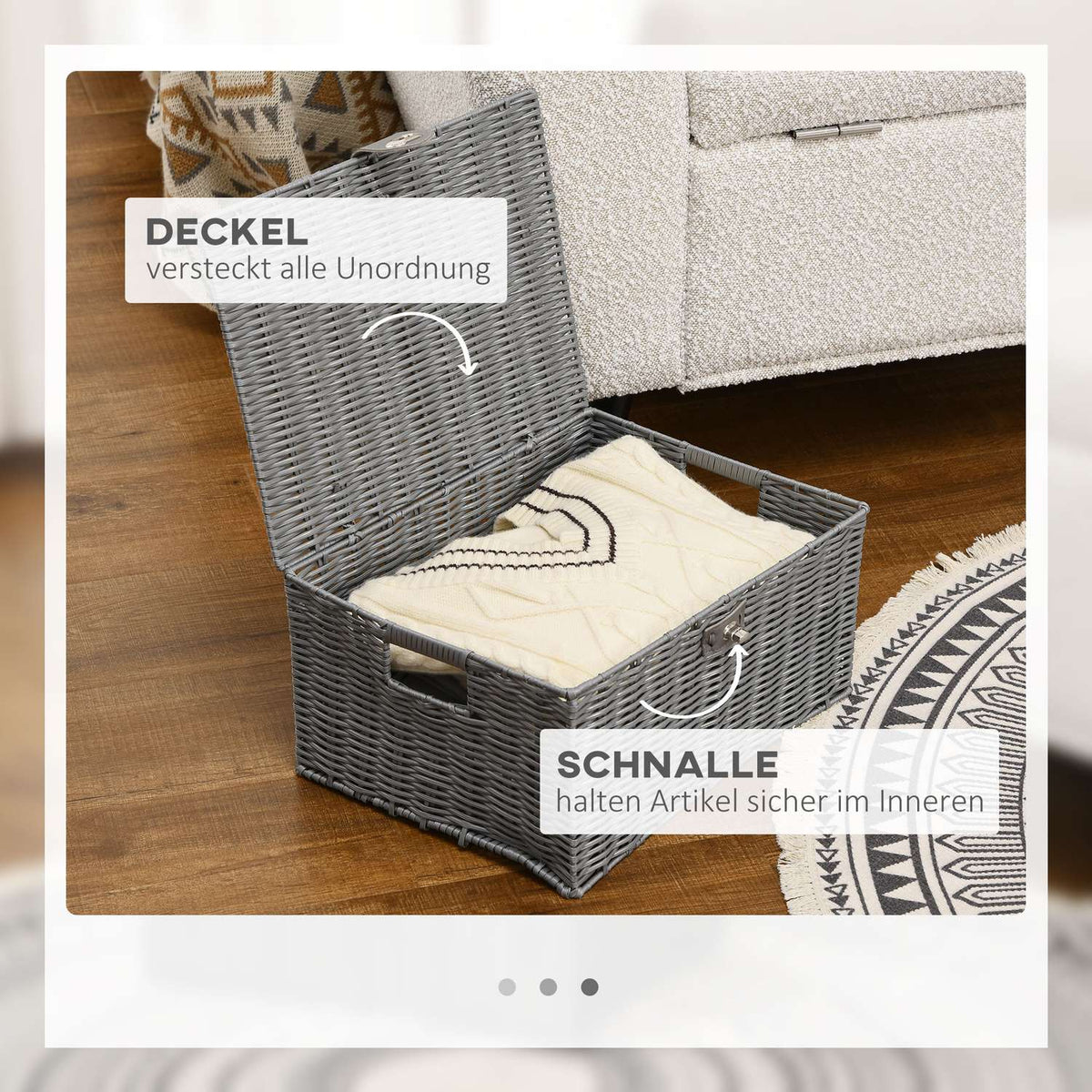 Storage Boxes Set Of 3 With Lids & Buckles, 18L/12L/7L, For Living Room, Gray