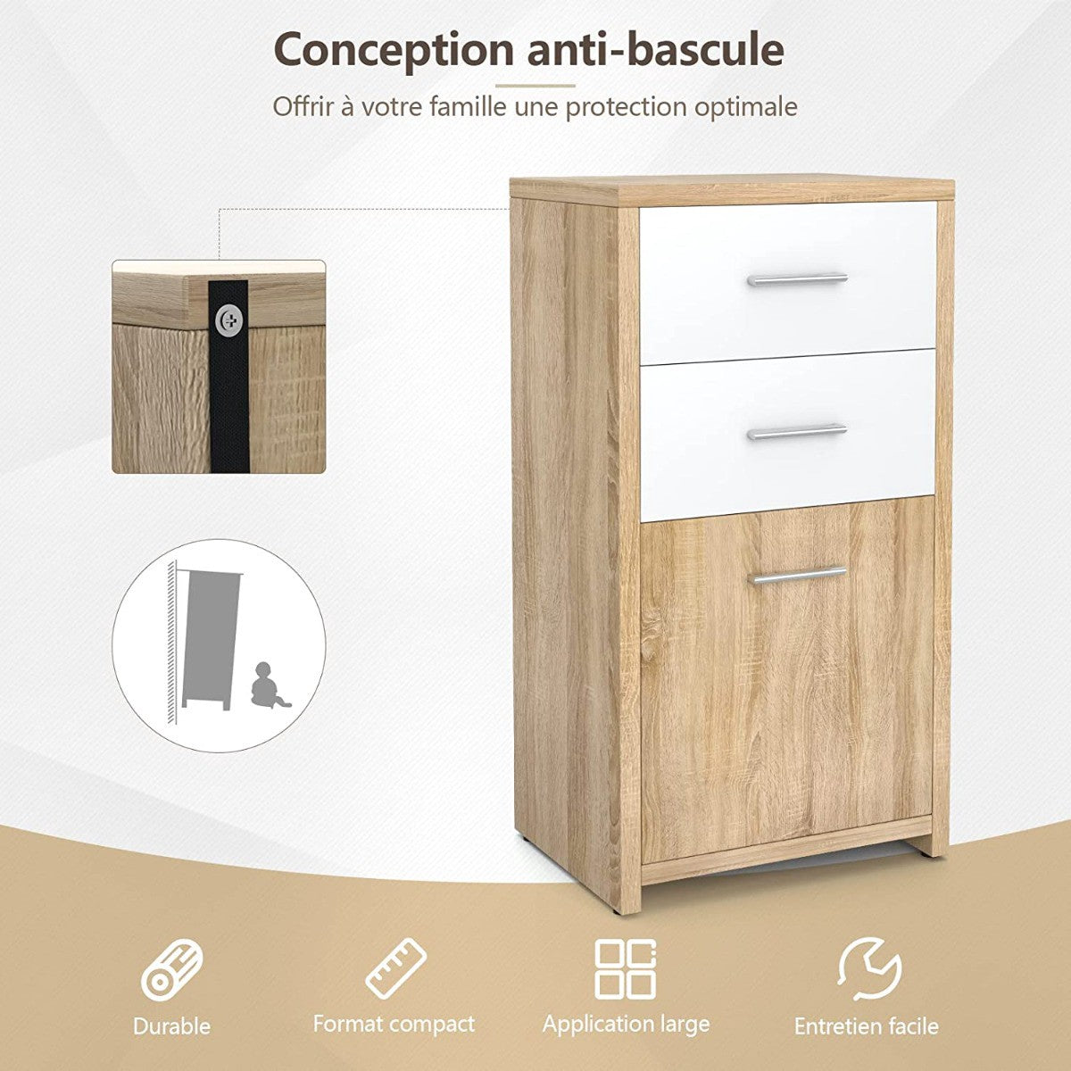 Storage Cabinet, 2 Drawers and Door, 40 x 30 x 77.5 cm