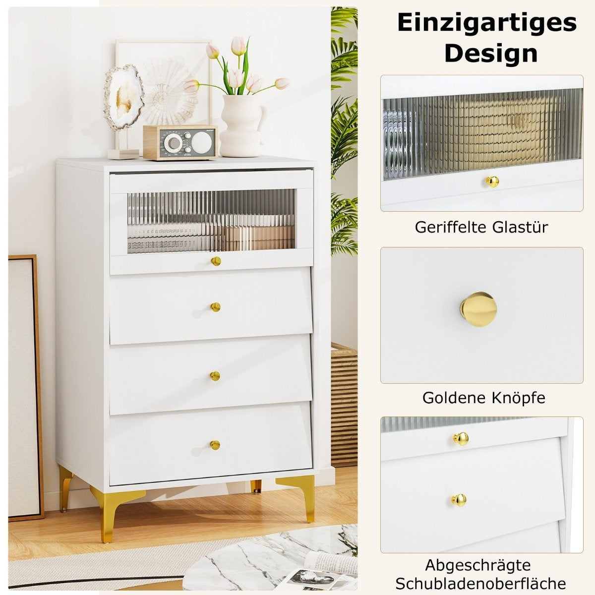 Storage Cabinet with 3 Drawers, Flip Glass Door, White