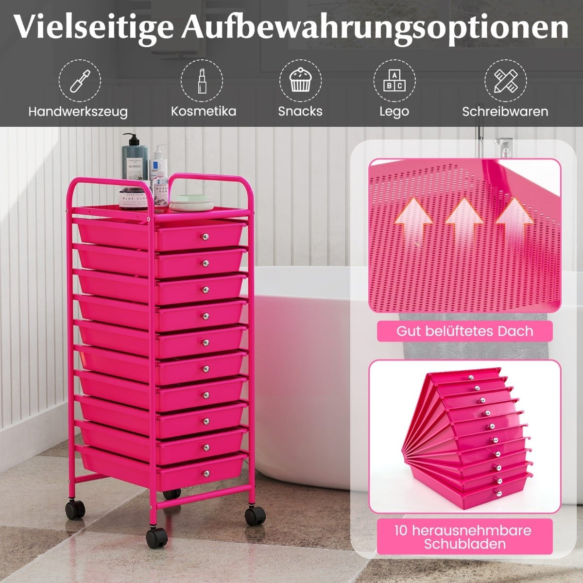 Storage Cart with 10 Drawers, Hot Pink, 33x37x86 cm