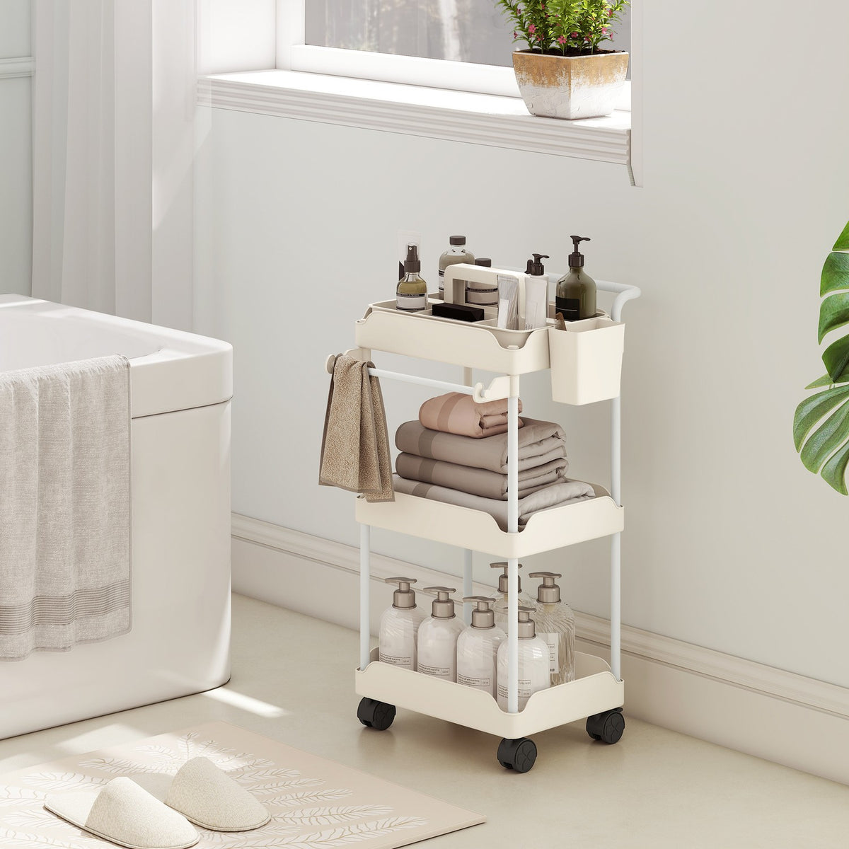 Storage Cart with 3 Baskets, Towel Holder, Wheels, White