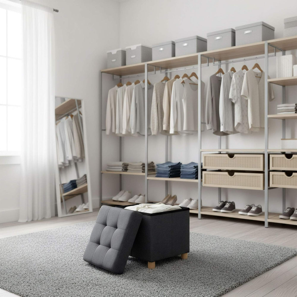 Storage Cube Stool with Upholstered Seat and Wooden Legs