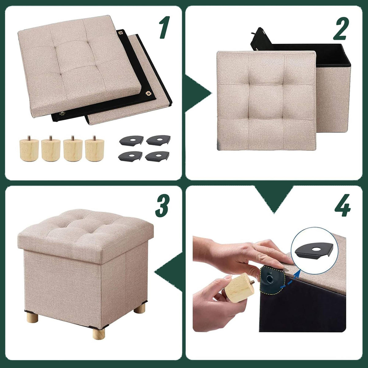 Storage Cube Stool with Upholstered Seat and Wooden Legs