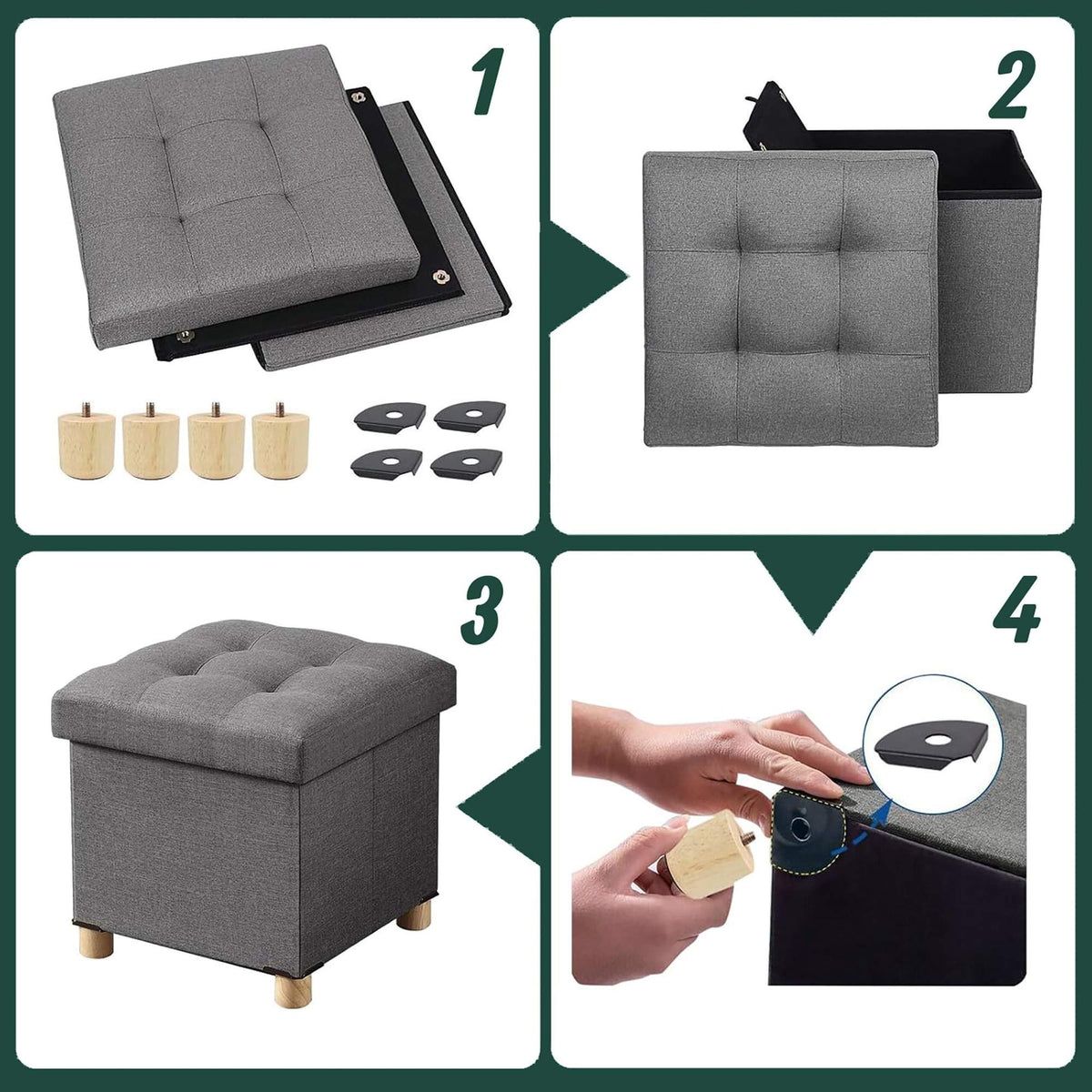 Storage Cube Stool with Upholstered Seat and Wooden Legs