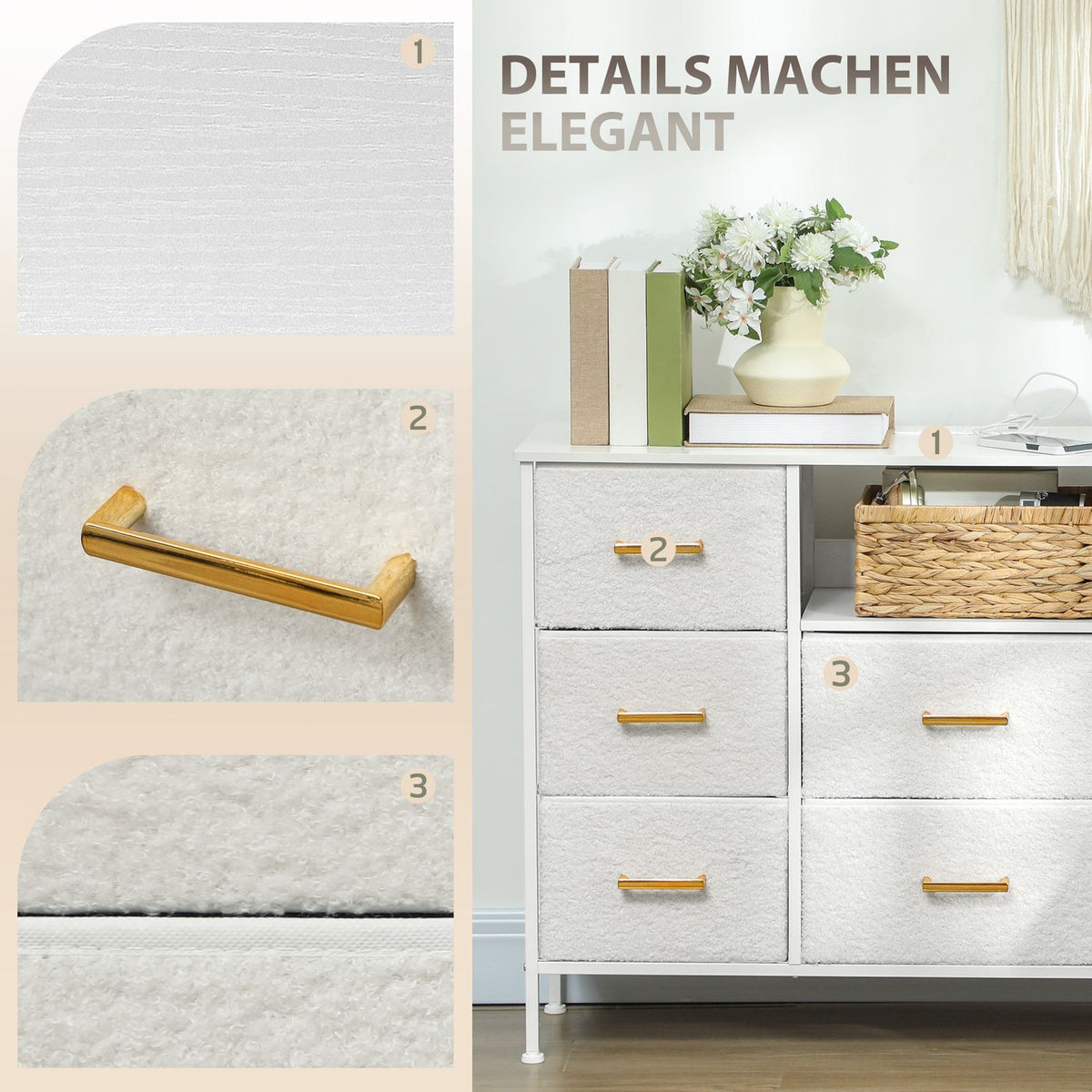 Storage Dresser with 8 Fabric Drawers, Steel Frame, Cream