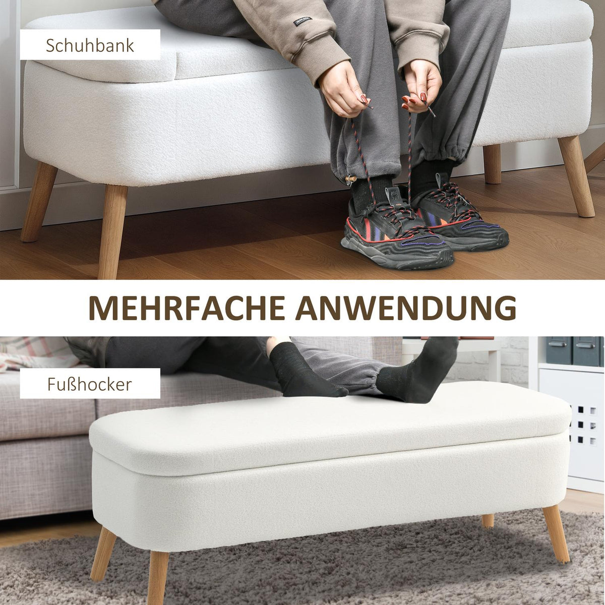 Storage Ottoman, 65L, Fleece, Rubberwood, 120x42x45 cm, Cream