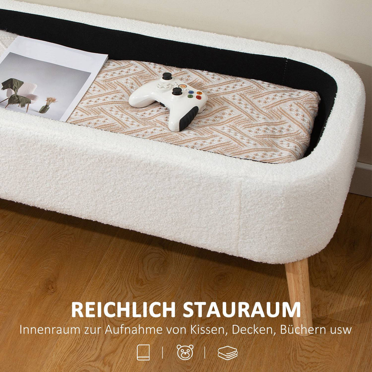 Storage Ottoman, 65L, Fleece, Rubberwood, 120x42x45 cm, Cream