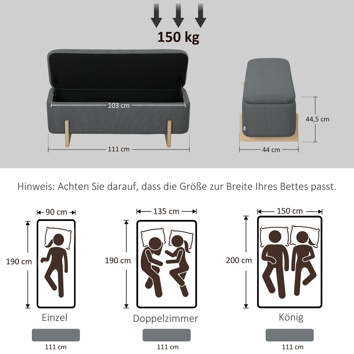 Storage Ottoman Bench, Foam Cushion, Dark Grey, 111x44x44.5 cm