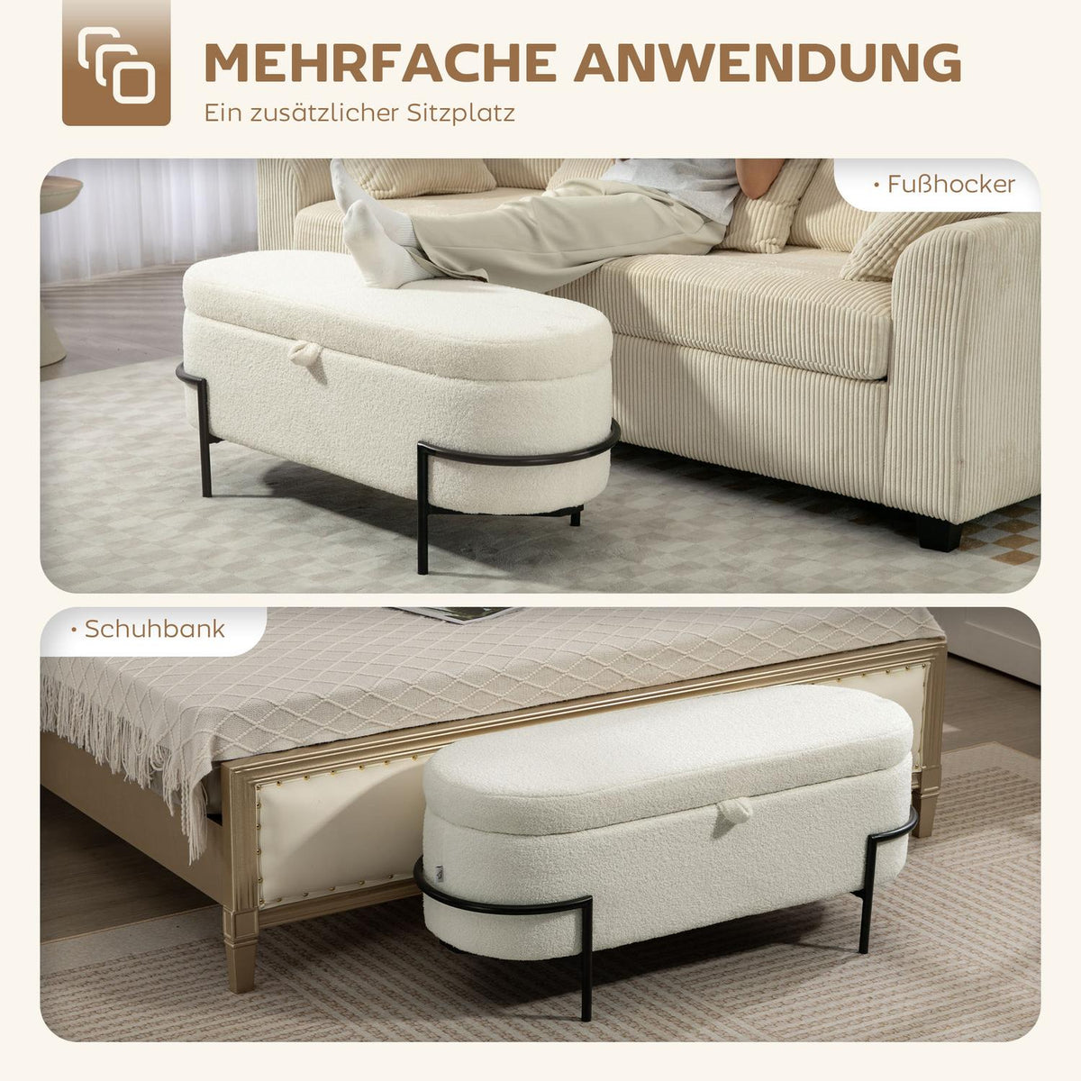 Storage Ottoman, Cream Fleece, Steel Legs