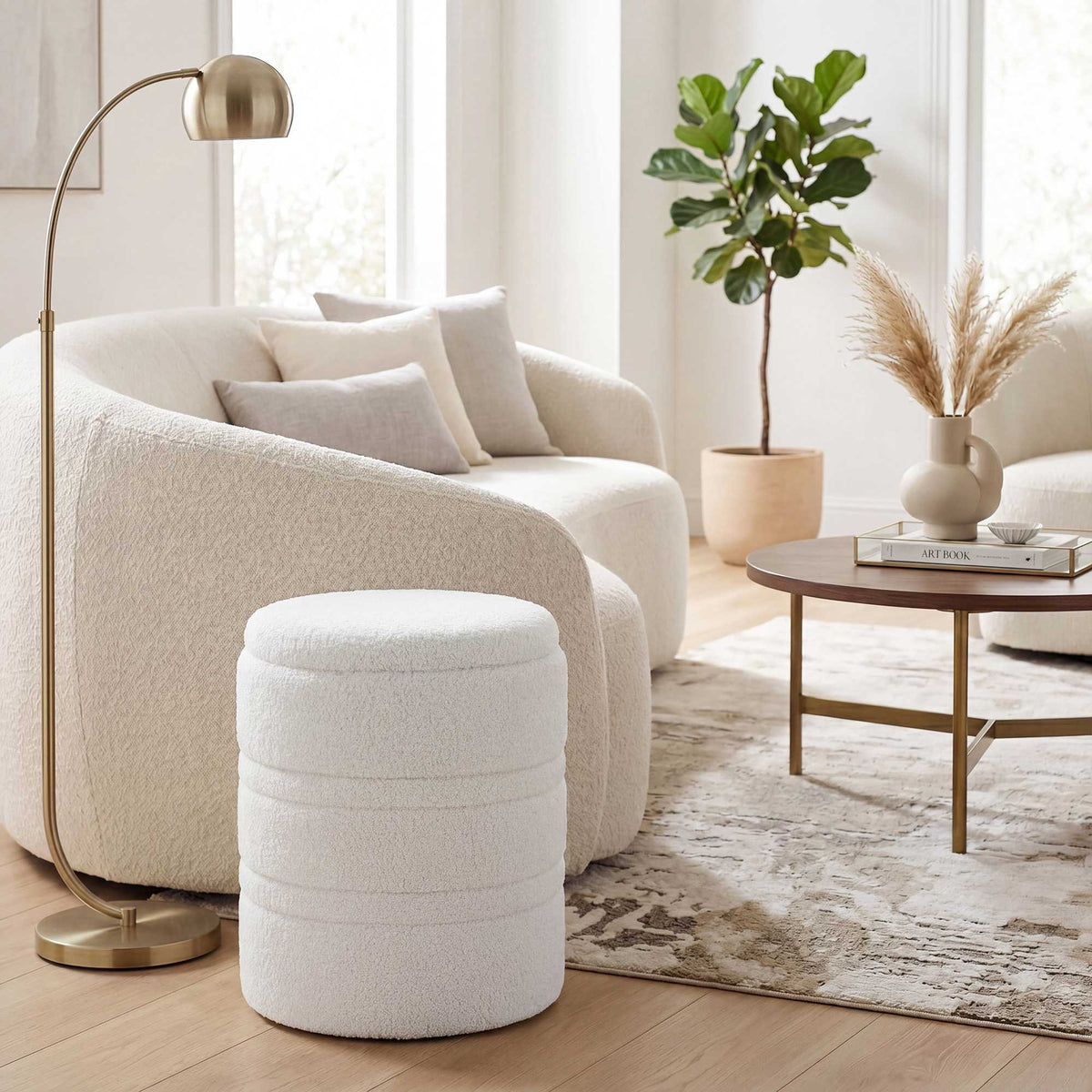 Storage Ottoman, Round Sherpa Stool, Reversible Lid, White