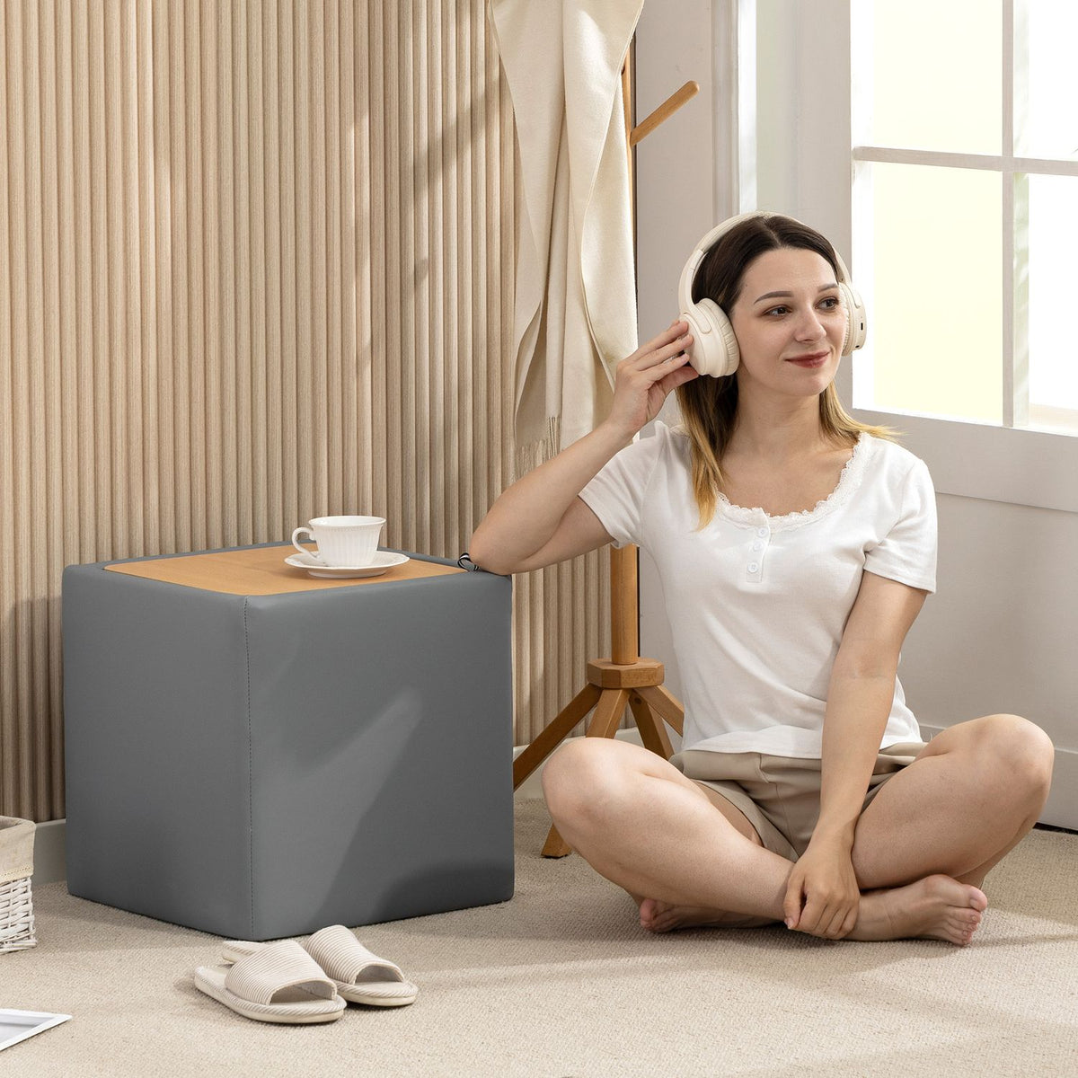 Storage Ottoman, Square Faux Leather, 40x40x40 cm, Gray
