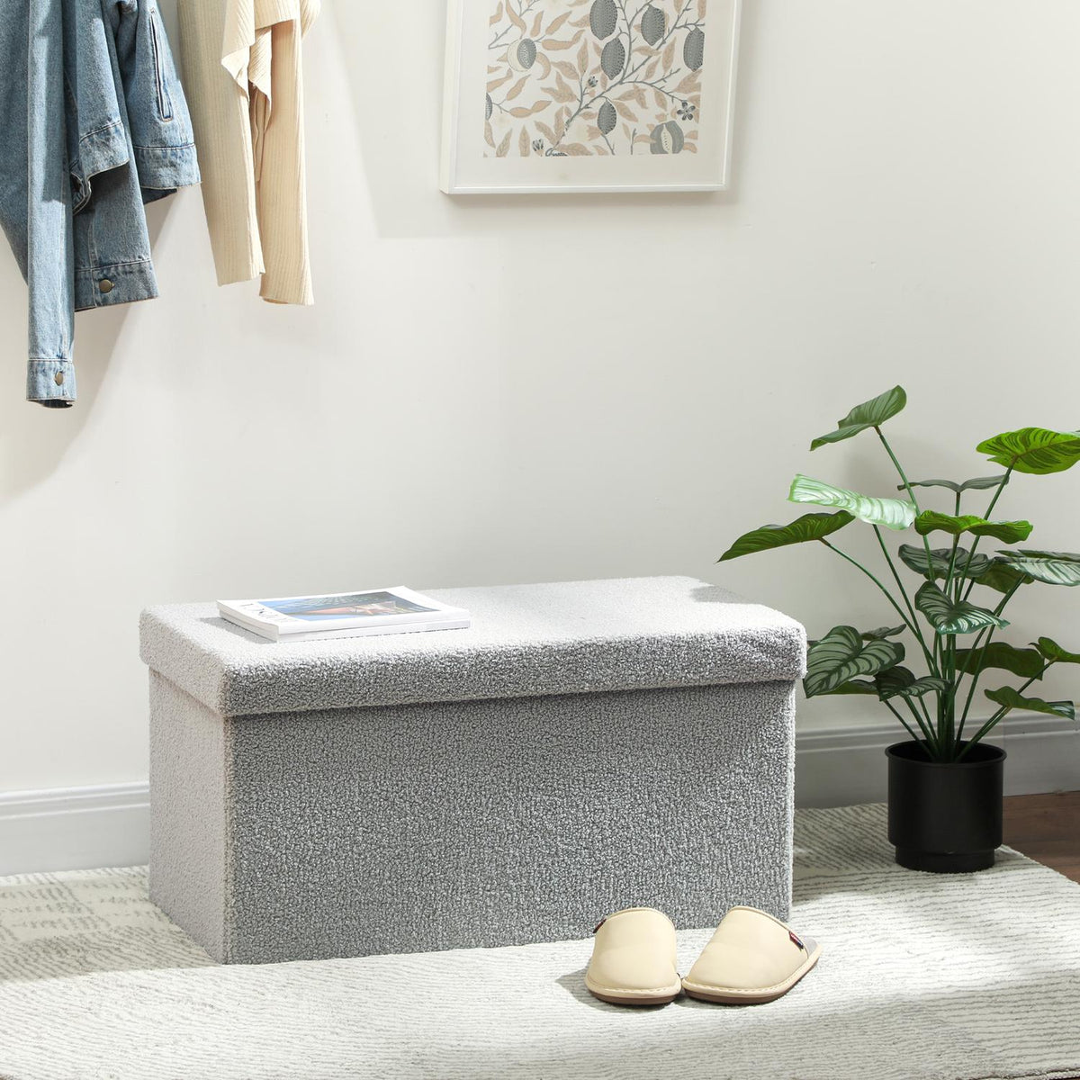 Storage Ottoman, Upholstered Bench with Lid, Light Gray