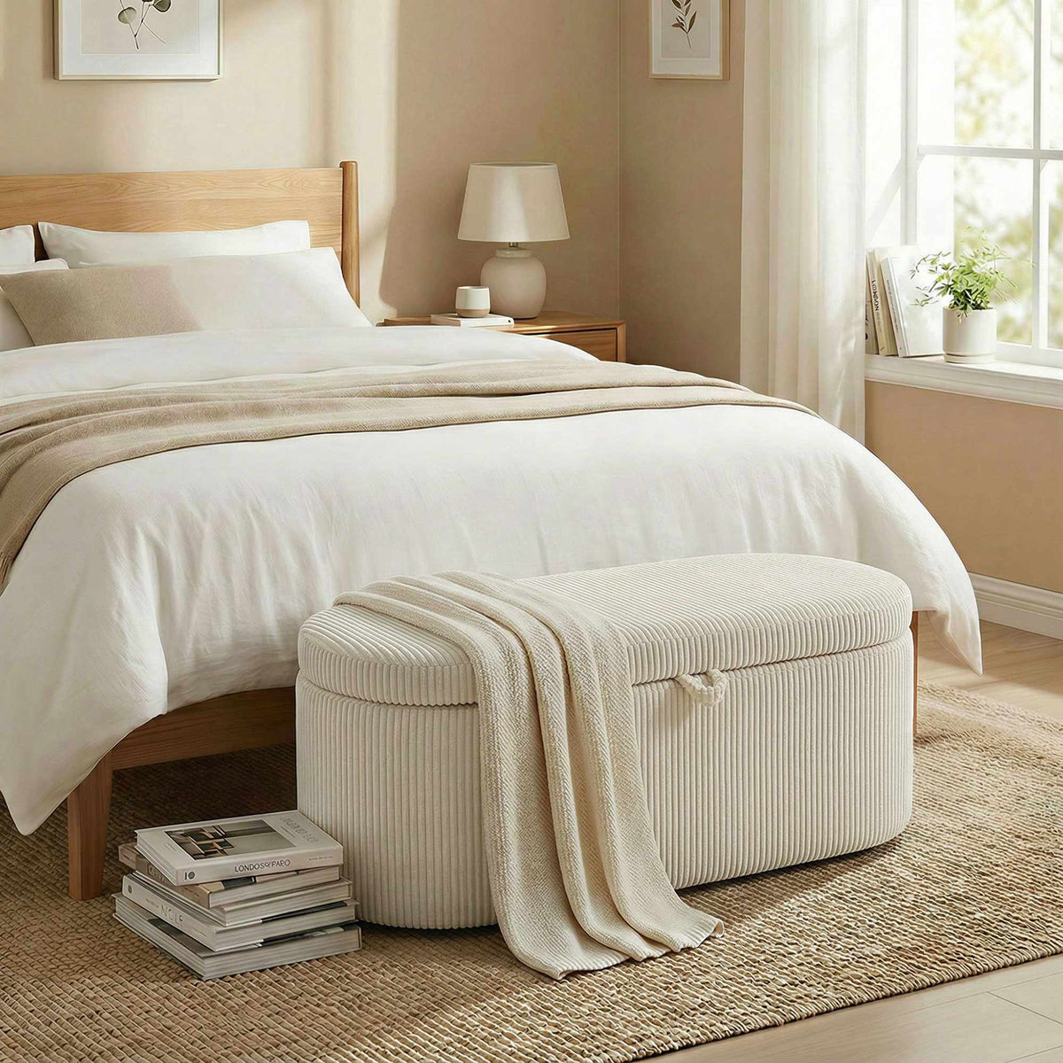 Storage Ottoman with Cord Upholstery, 105 x 51 x 49 cm, Beige