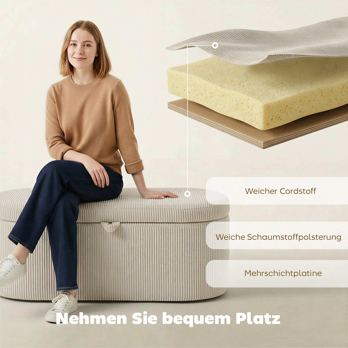 Storage Ottoman with Cord Upholstery, 105 x 51 x 49 cm, Beige