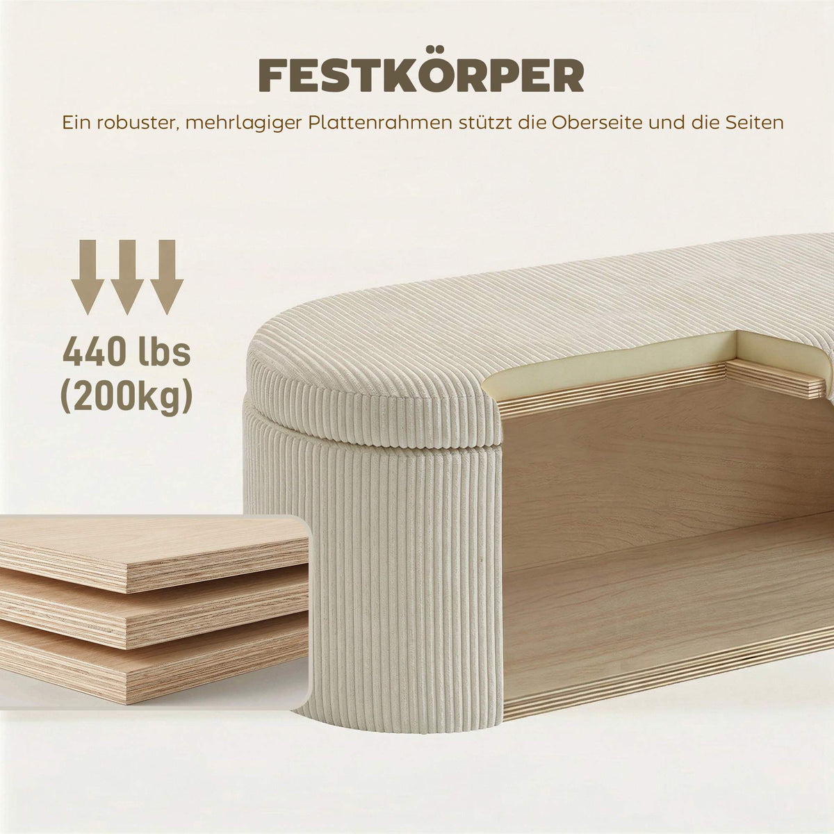 Storage Ottoman with Cord Upholstery, 105 x 51 x 49 cm, Beige