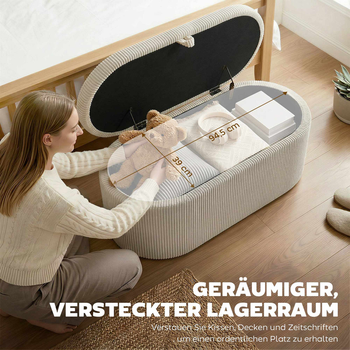 Storage Ottoman with Cord Upholstery, 105 x 51 x 49 cm, Beige