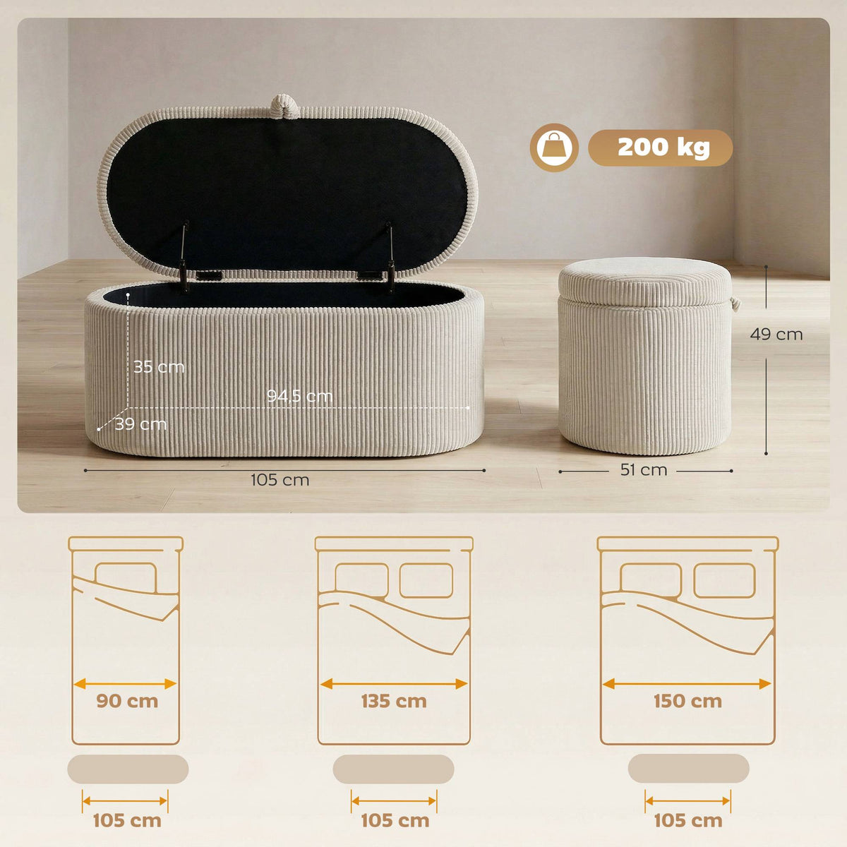 Storage Ottoman with Cord Upholstery, 105 x 51 x 49 cm, Beige