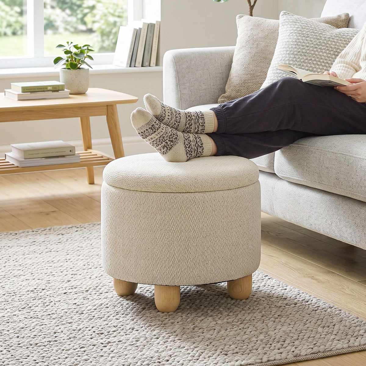 Storage Ottoman with Reversible Lid, Beige Linen, 38.5x33.5 cm