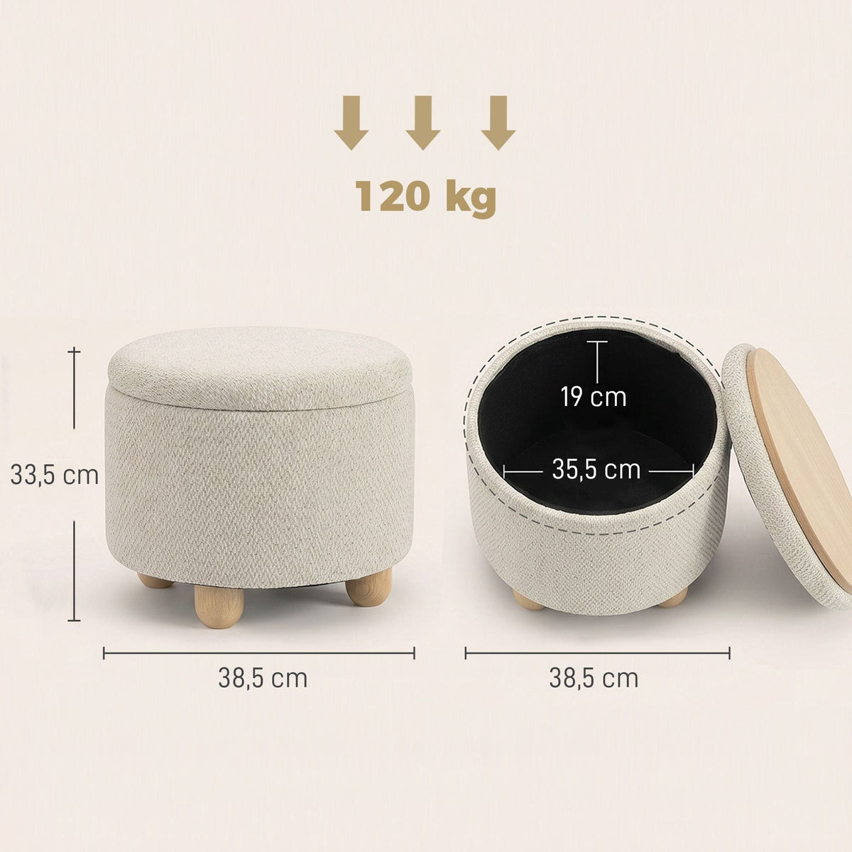 Storage Ottoman with Reversible Lid, Beige Linen, 38.5x33.5 cm