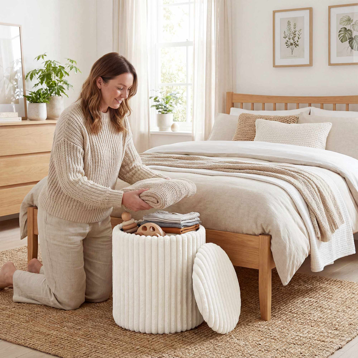 Storage Ottoman with Reversible Lid, White Corduroy, 35x35x45 cm