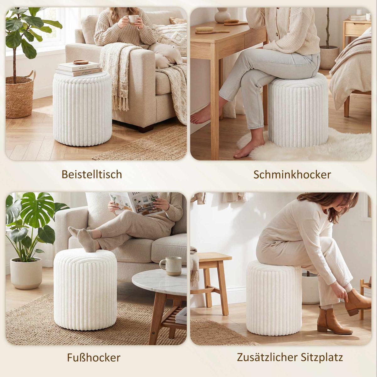 Storage Ottoman with Reversible Lid, White Corduroy, 35x35x45 cm