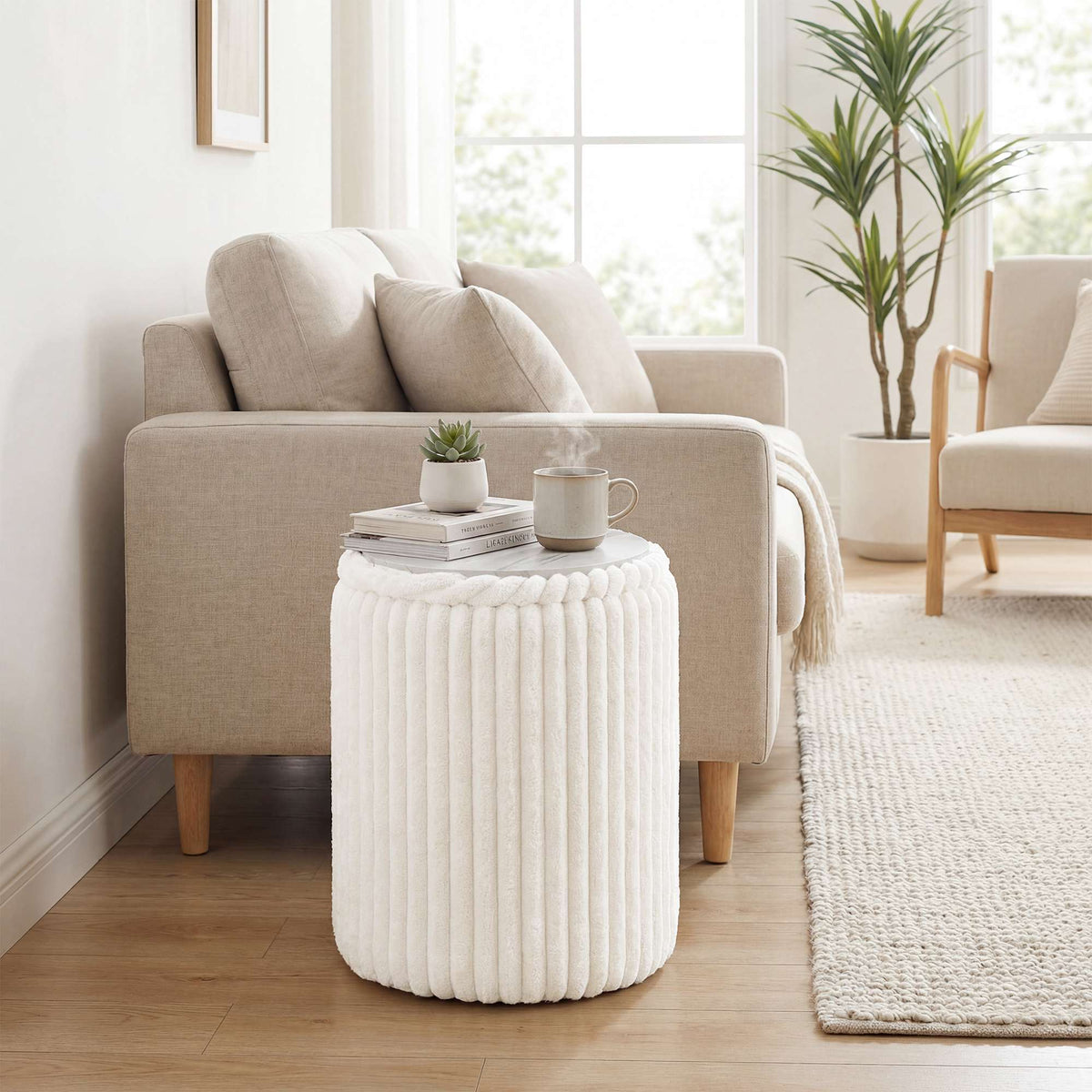 Storage Ottoman with Reversible Lid, White Corduroy, 35x35x45 cm