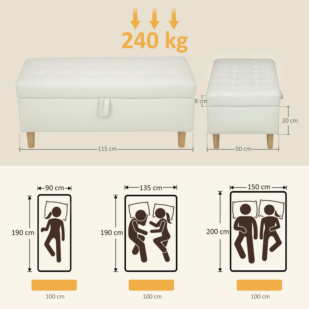 Storage Ottoman with Soft Fabric, Wooden Legs, Cream White