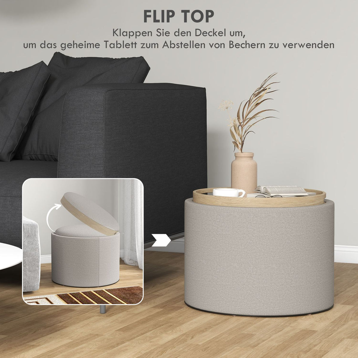 Storage Ottoman with Tray, Light Grey, Linen Look, 56x56x42 cm