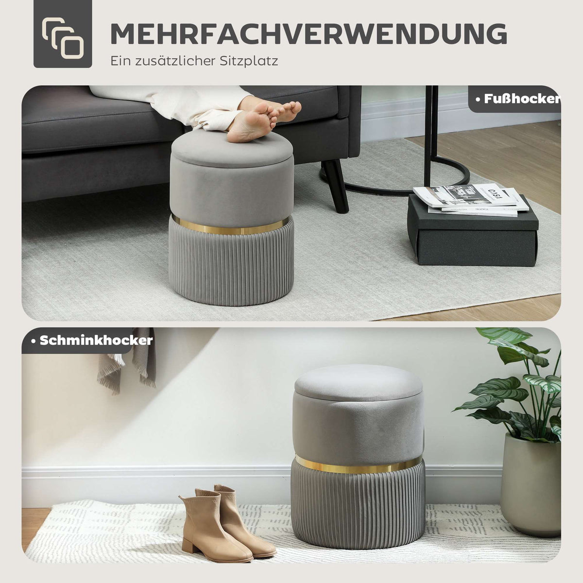 Storage Ottoman with Velvet Fabric, Light Grey, 36x36x44 cm