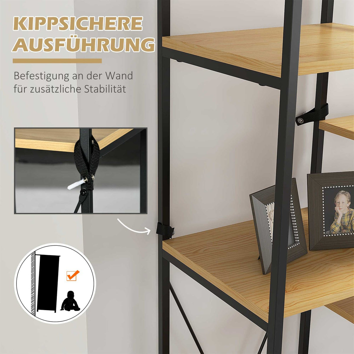 Storage Shelf Bookcase With 5 Tiers In Industrial Design, Standing Shelf With Anti-Tilt Protection, For Bedroom/Living Room/Kitchen