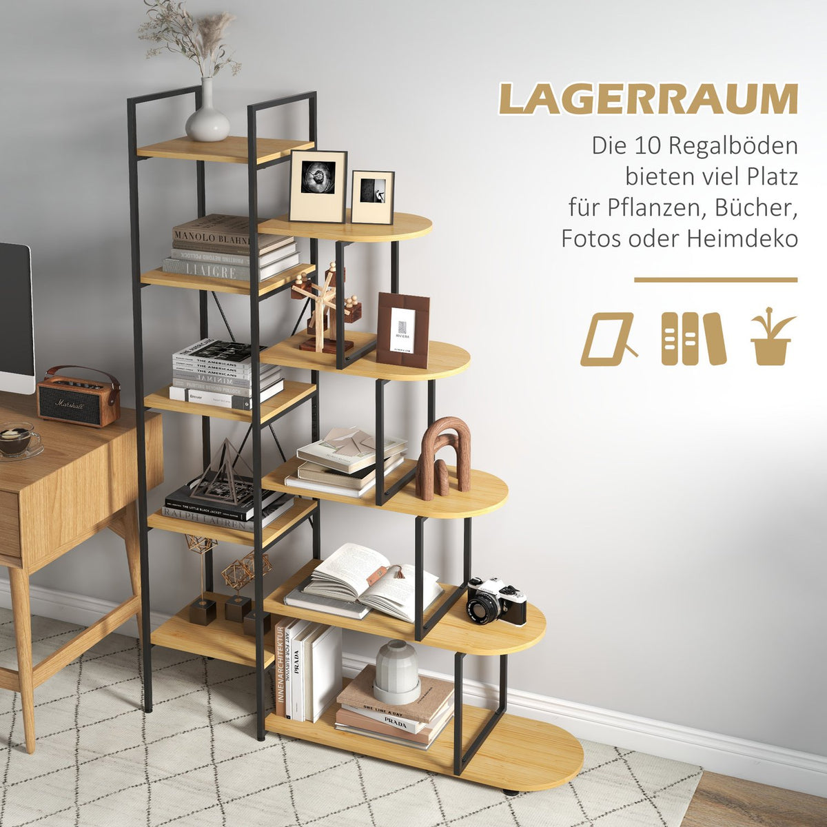 Storage Shelf Bookcase With 5 Tiers In Industrial Design, Standing Shelf With Anti-Tilt Protection, For Bedroom/Living Room/Kitchen