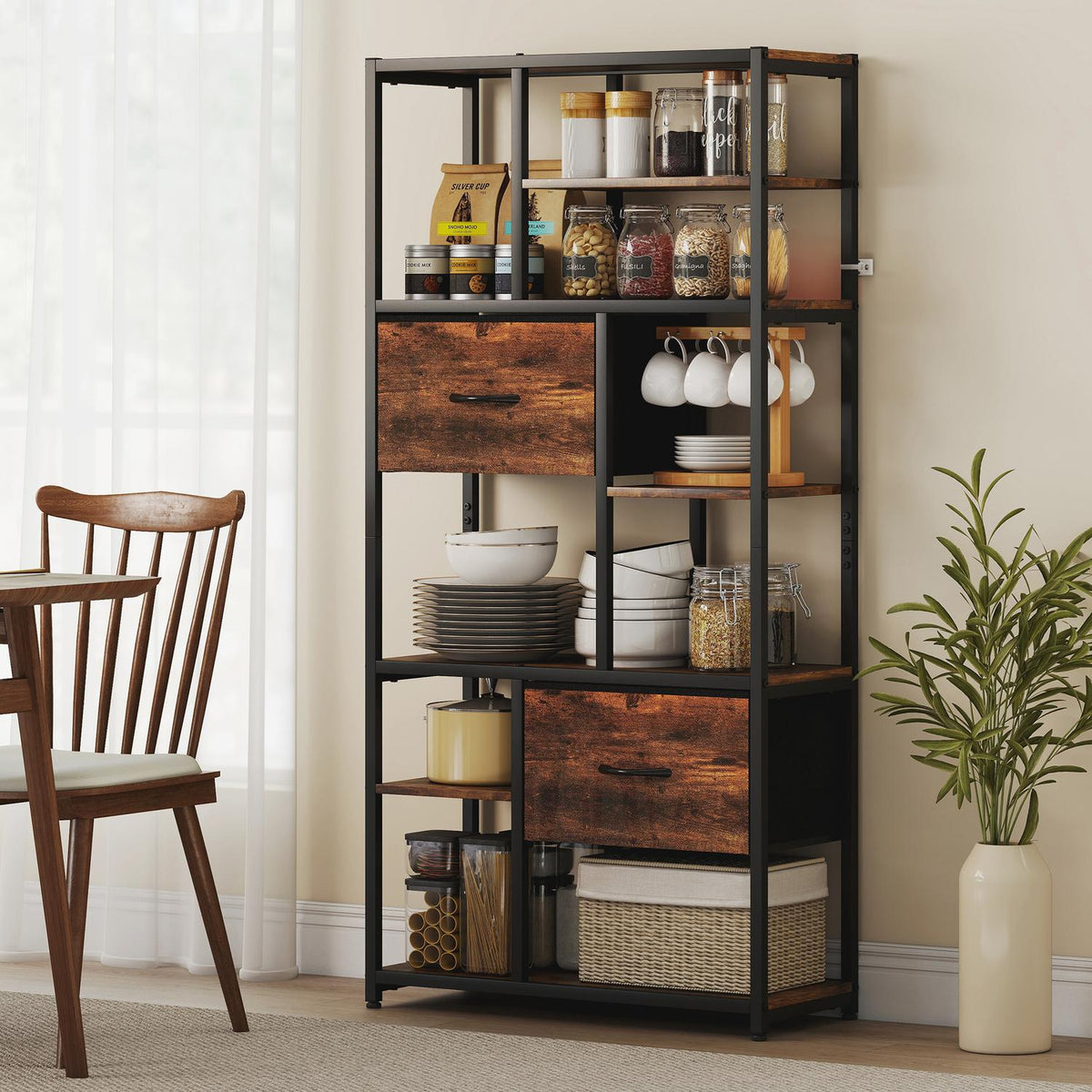 Storage Shelf with 2 Fabric Drawers, 9 Open Compartments